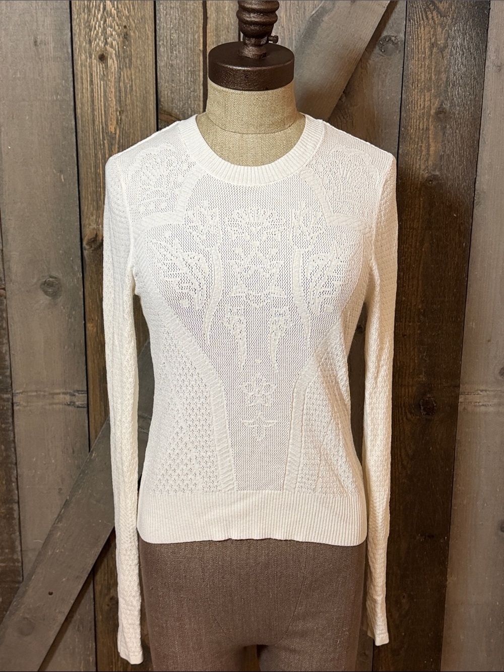 Z Supply Selma Sweater Medium Cream Floral Pointelle Open Knit Long Sleeve Top